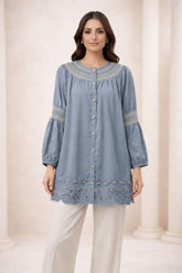 Ash Gray Laser-Cut Embroidered Button-Down Tunic