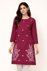 Maroon Striped Floral Embroidered Kurta