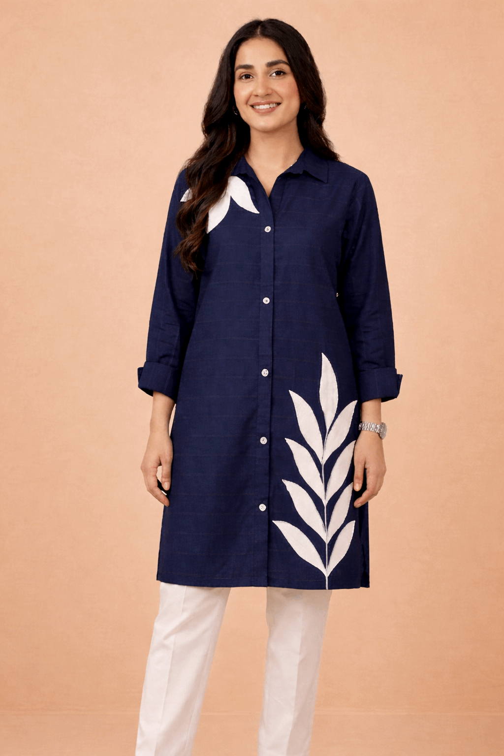 Botanical Embroidered Button-Down Kurta Navy Blue