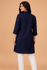 Botanical Embroidered Button-Down Kurta Navy Blue