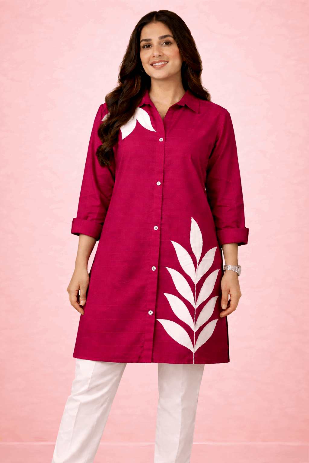 Botanical Embroidered Button-Down Kurta Red