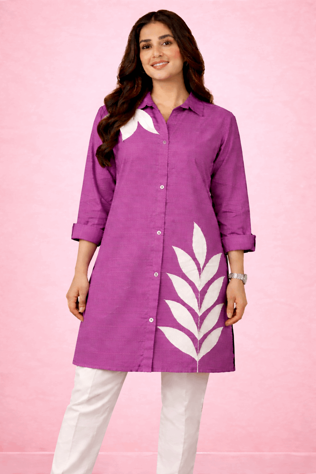 Botanical Embroidered Button-Down Kurta Purple