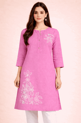 Floral Embroidered Pink Cotton Kurta