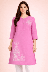 Floral Embroidered Pink Cotton Kurta
