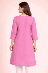 Floral Embroidered Pink Cotton Kurta
