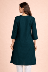 Floral Embroidered Teal Cotton Kurta
