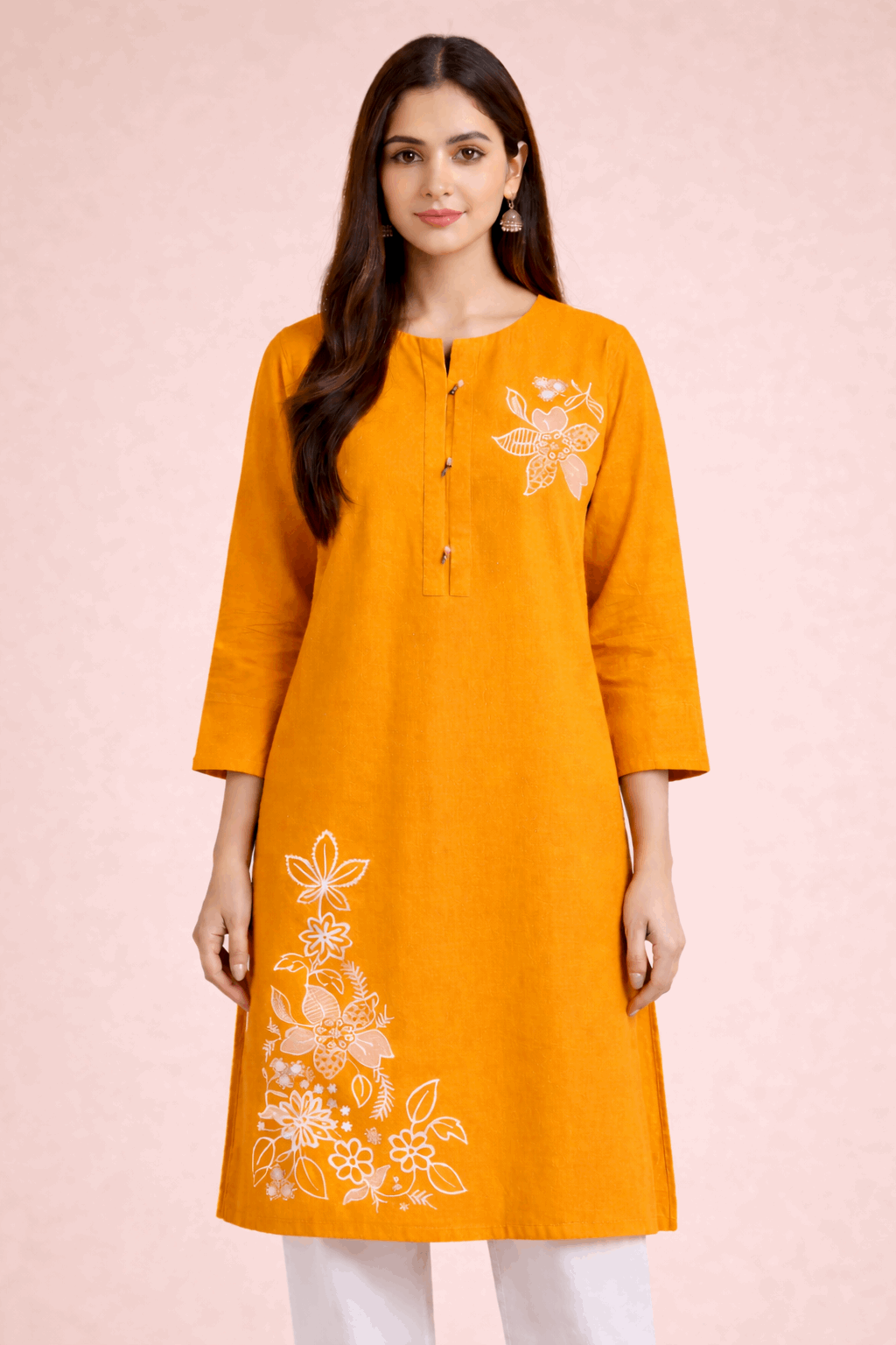 Floral Embroidered Orange Cotton Kurta