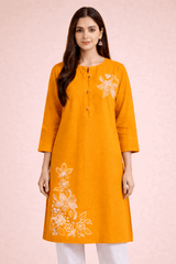 Floral Embroidered Orange Cotton Kurta