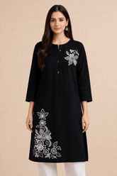 Floral Embroidered Black Cotton Kurta