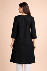 Floral Embroidered Black Cotton Kurta