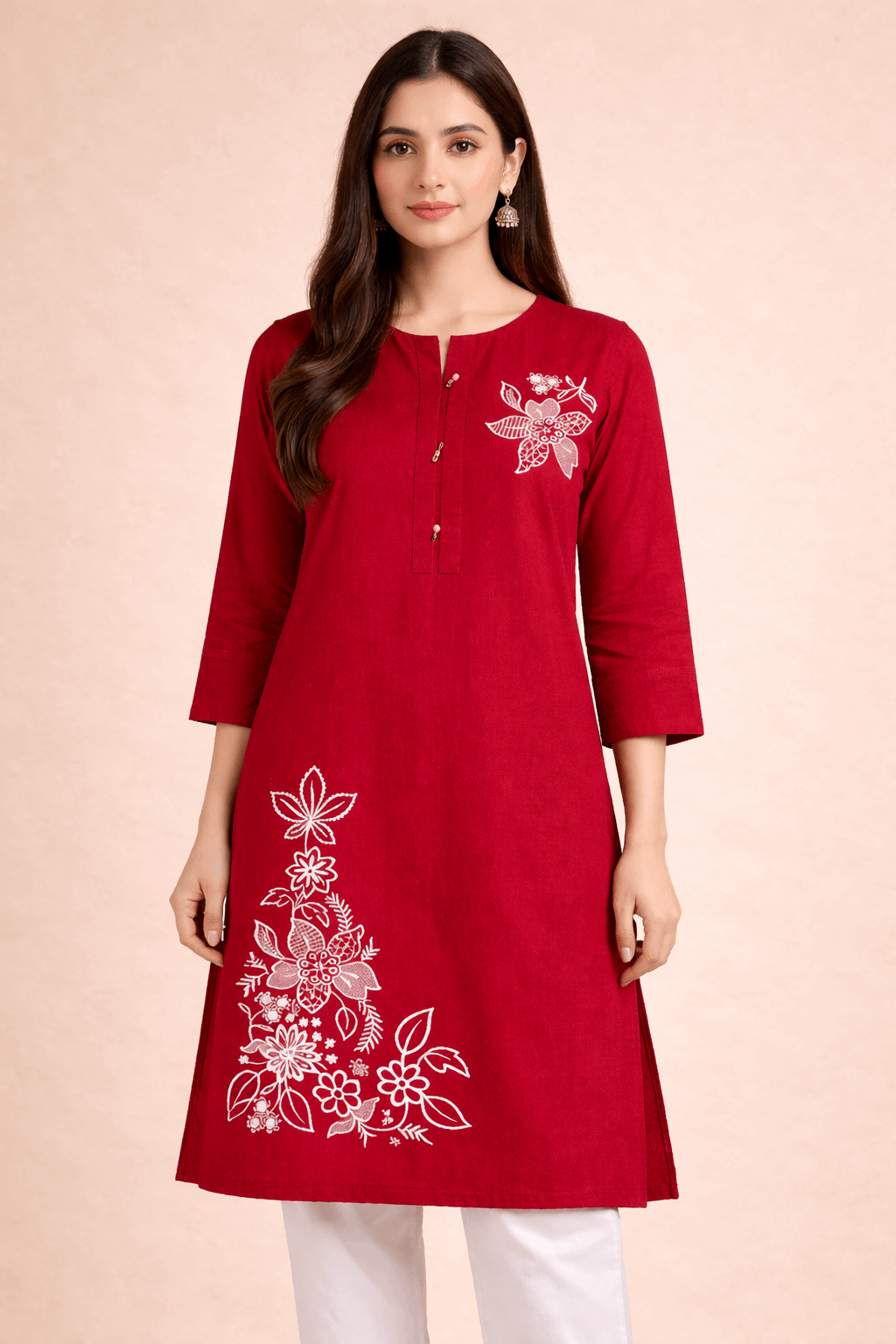 Floral Embroidered Red Cotton Kurta
