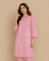 Daisy Floral Embroidered Cotton Kurta Soft Pink