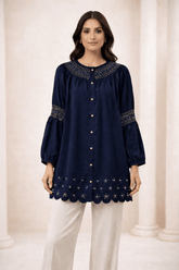 Navy Laser-Cut Embroidered Button-Down Tunic