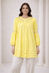 Lemon Yellow Laser-Cut Embroidered Button-Down Tunic