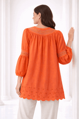 Unique Orange Laser-Cut Embroidered Button-Down Tunic