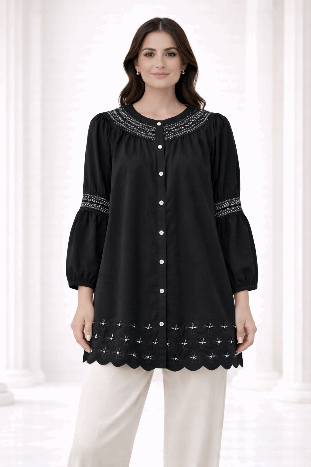 Black Laser-Cut Embroidered Button-Down Tunic