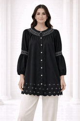 Black Laser-Cut Embroidered Button-Down Tunic