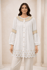 White Laser-Cut Embroidered Button-Down Tunic