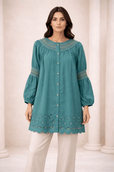 Teal Laser-Cut Embroidered Button-Down Tunic