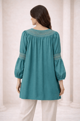 Teal Laser-Cut Embroidered Button-Down Tunic