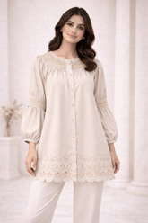 Light Beige Laser-Cut Embroidered Button-Down Tunic