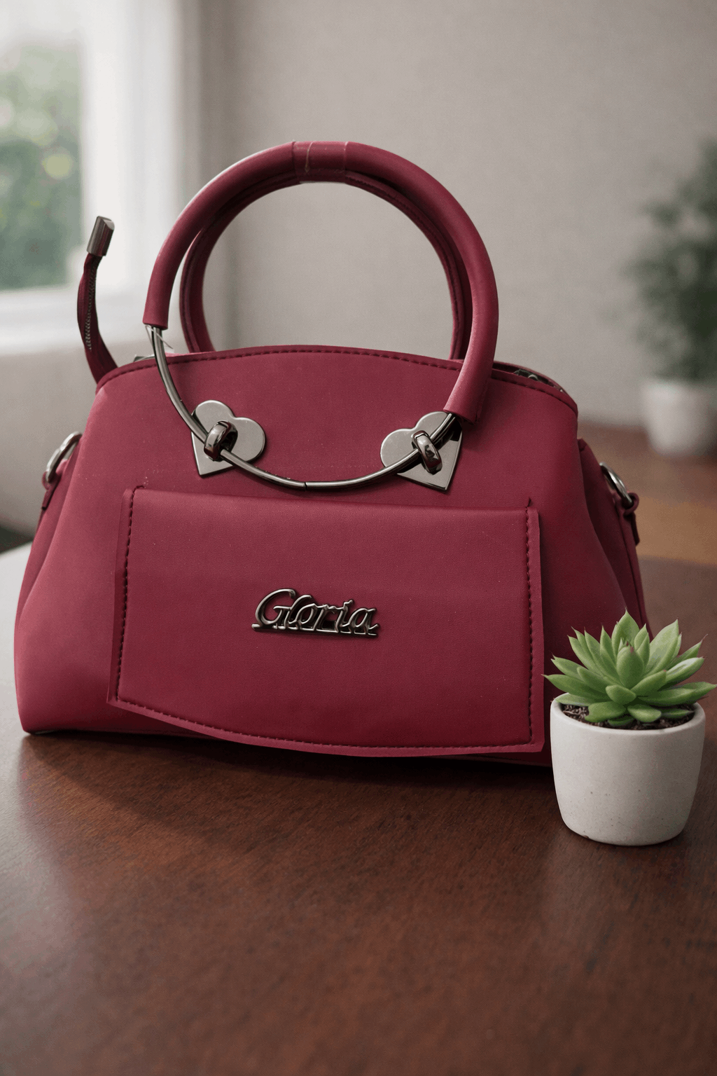 Gloria Heart-Accent Maroon Top-Handle Handbag