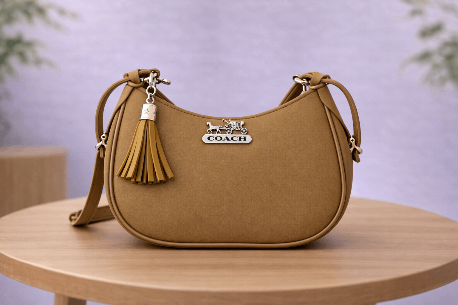 Camel Color Coach Hobo Bag – Vegan Leather with Tassel Accent