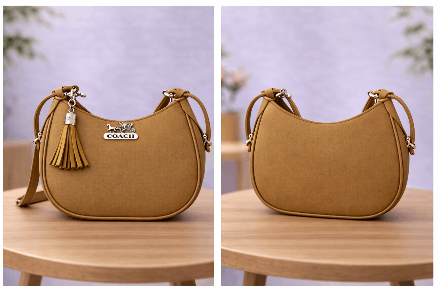 Camel Color Coach Hobo Bag – Vegan Leather with Tassel Accent