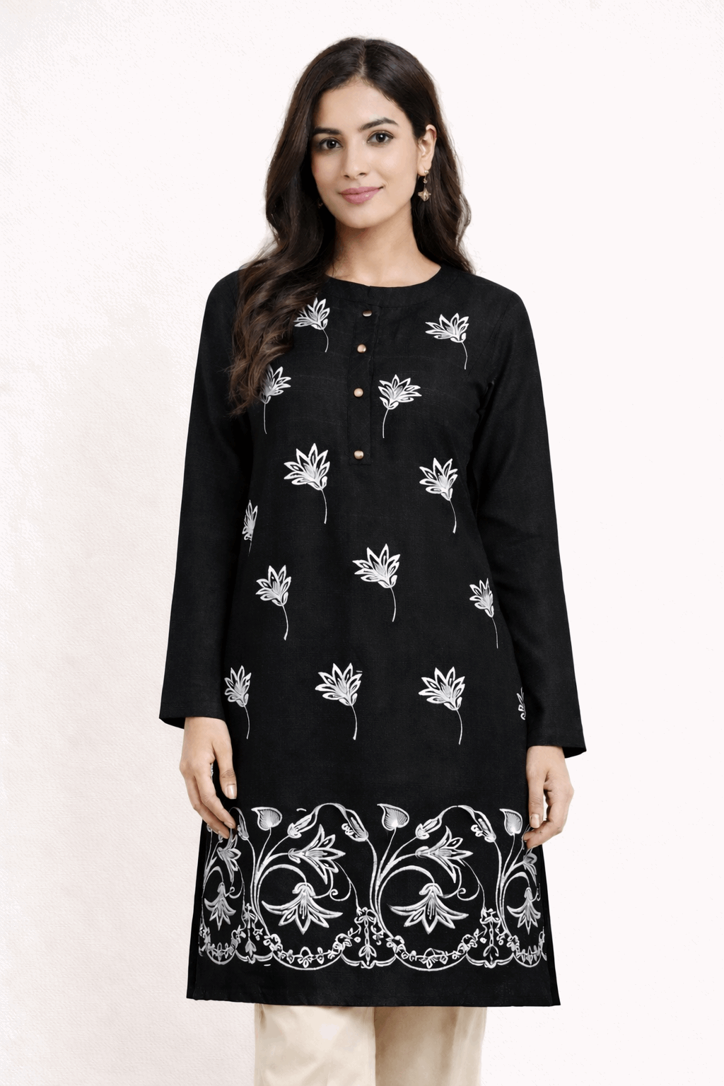 Floral Vine Embroidered Black Cotton Kurta
