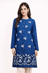 Floral Vine Embroidered Blue Cotton Kurta
