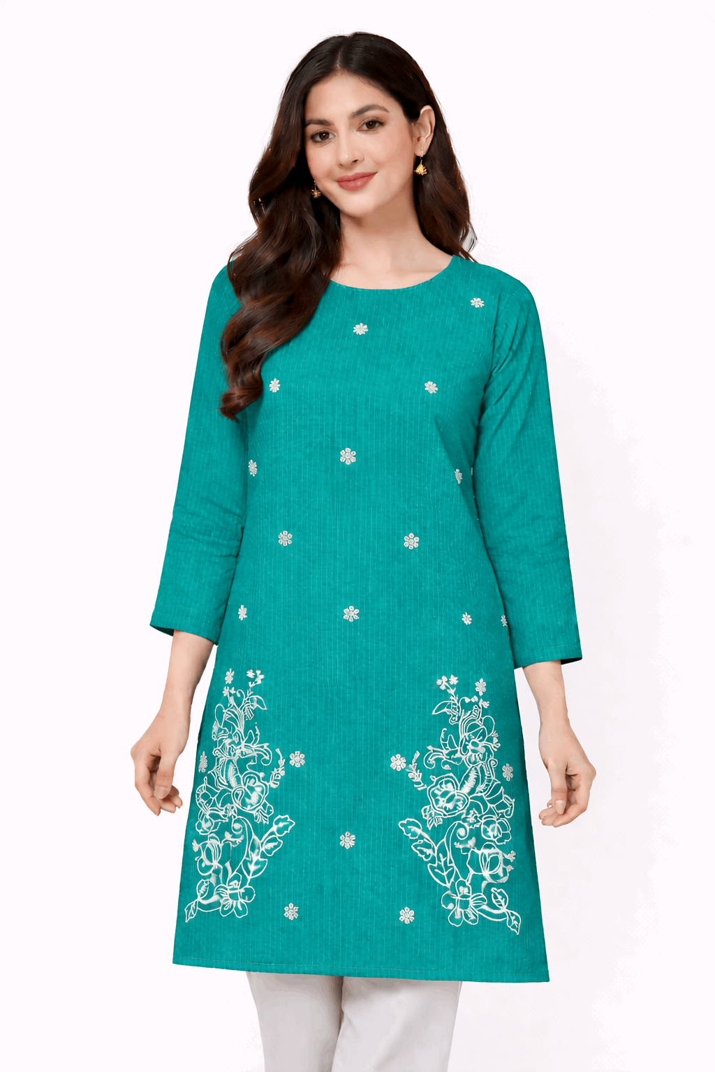 Teal Striped Floral Embroidered Kurta
