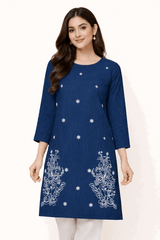 Blue Striped Floral Embroidered Kurta