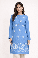 Floral Vine Embroidered Sky Blue Cotton Kurta