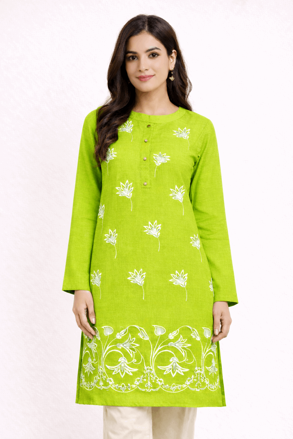 Floral Vine Embroidered Lime Green Cotton Kurta