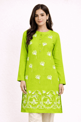 Floral Vine Embroidered Lime Green Cotton Kurta