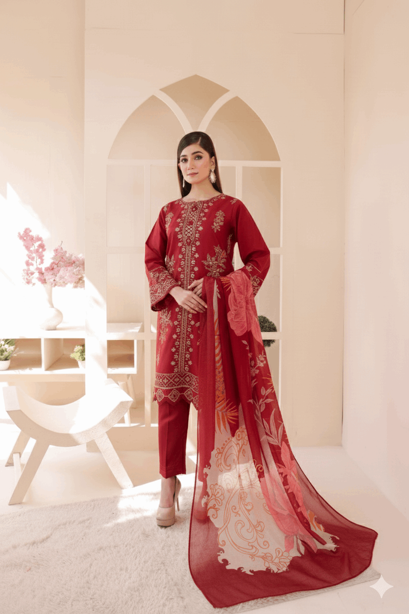 3 Piece – Embroidered Cotton Suit # 26