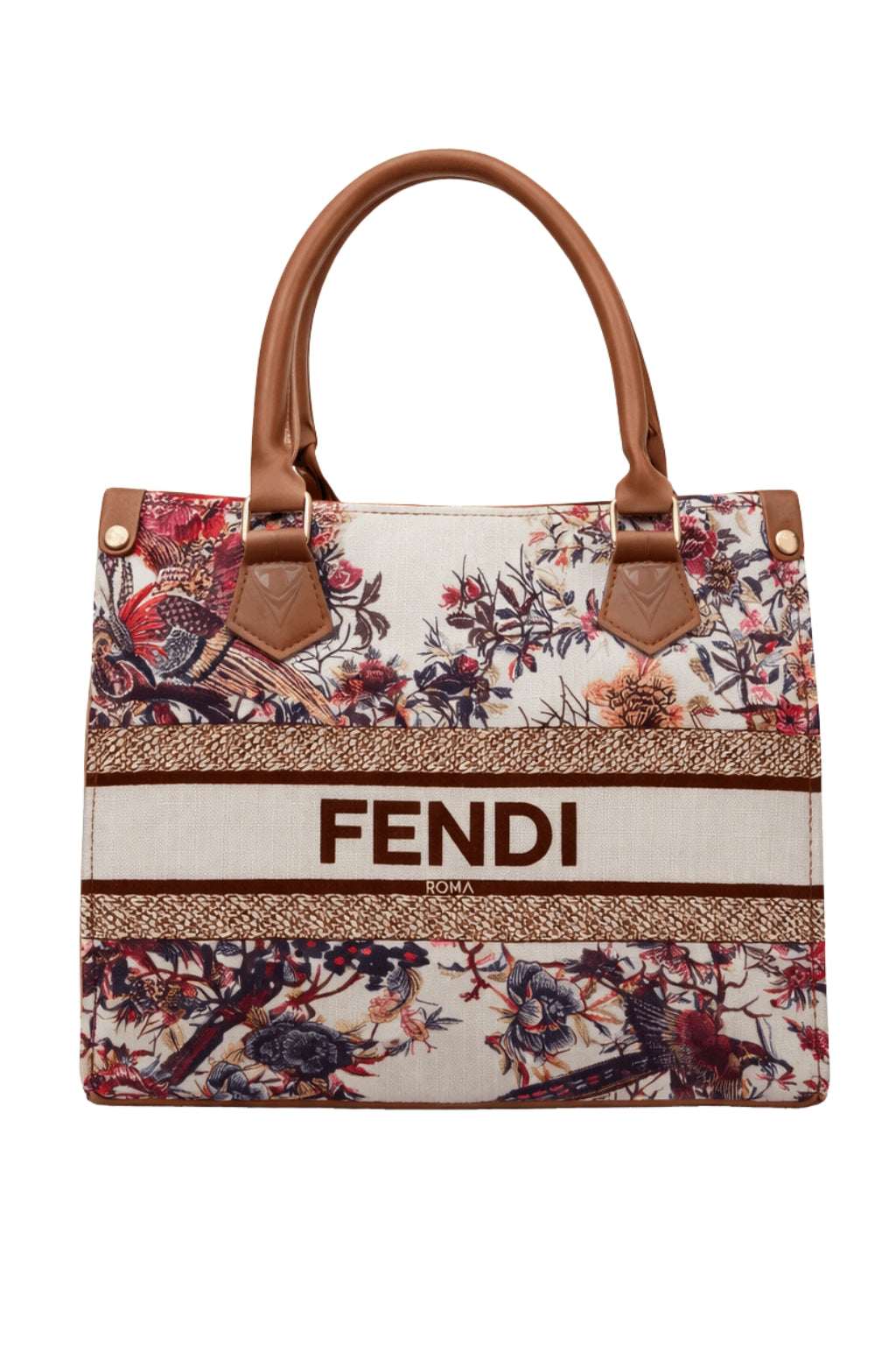 Fendi Roma Floral Embroidery Canvas Tote Bag - Brown