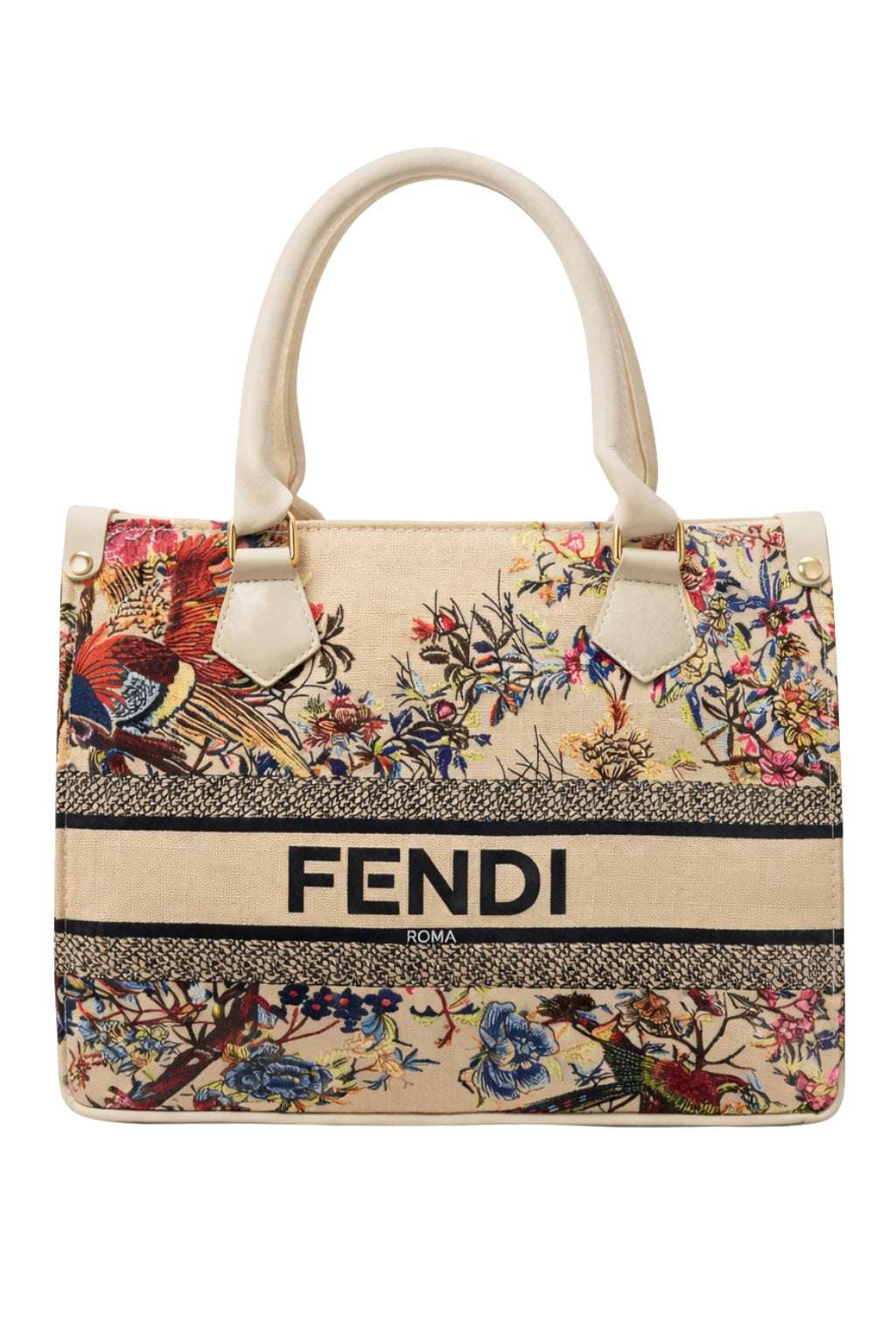 Fendi Roma Floral Embroidery Canvas Tote Bag - Off White