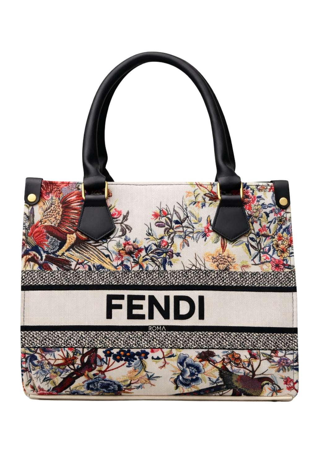 Fendi Roma Floral Embroidery Canvas Tote Bag - Black