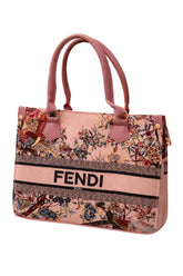 Fendi Roma Floral Embroidery Canvas Tote Bag - Blush Pink