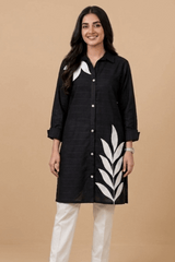 Botanical Embroidered Button-Down Kurta Black