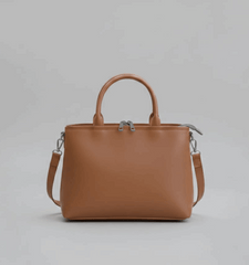 Dual-Handle Tan Crossbody Bag with Lilac Stripe and Bow