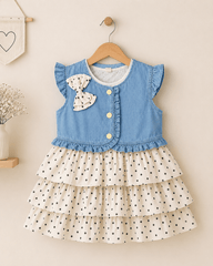 Girls Denim Jacket Dotted Frock