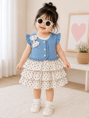 Girls Denim Jacket Dotted Frock