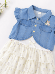 Girls Denim Jacket Printed Frock