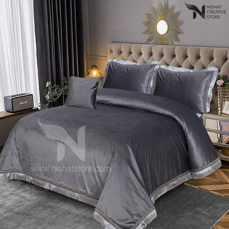 Heavy Velvet & Leather Bed Sheet Set – 4 Pcs Design Code 536 - Nishat Creative Store