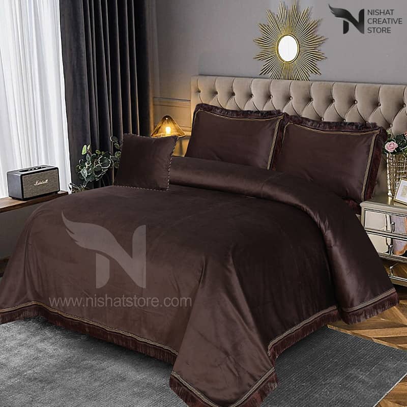 Heavy Velvet & Leather Bed Sheet Set – 4 Pcs Design Code 538 - Nishat Creative Store