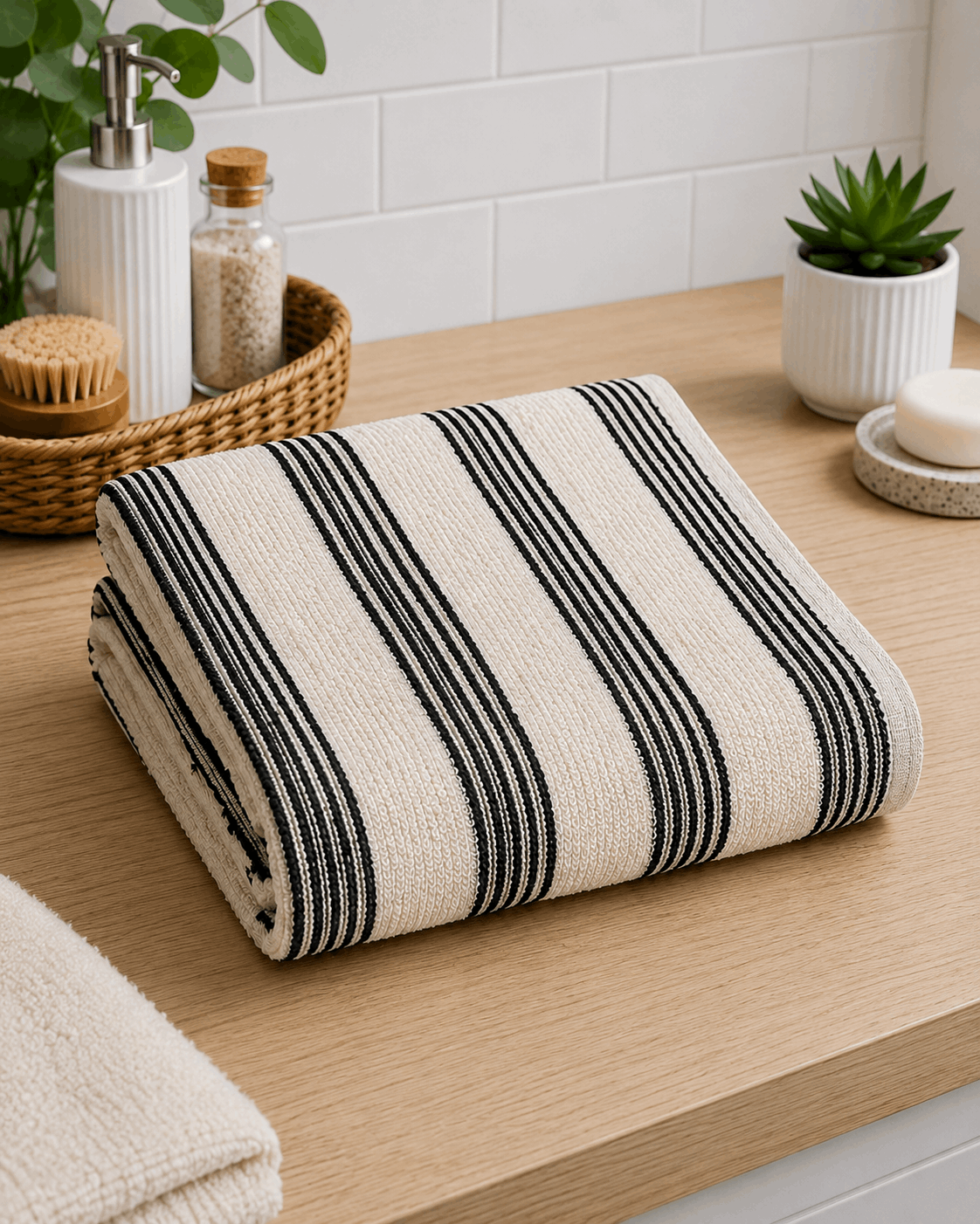 Striped Cotton Hand Towel – Cream & Black (Pack of 2)