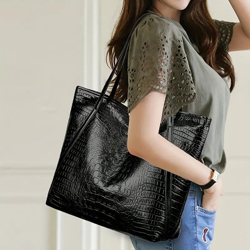 1pc Stylish Black Crocodile Print PU