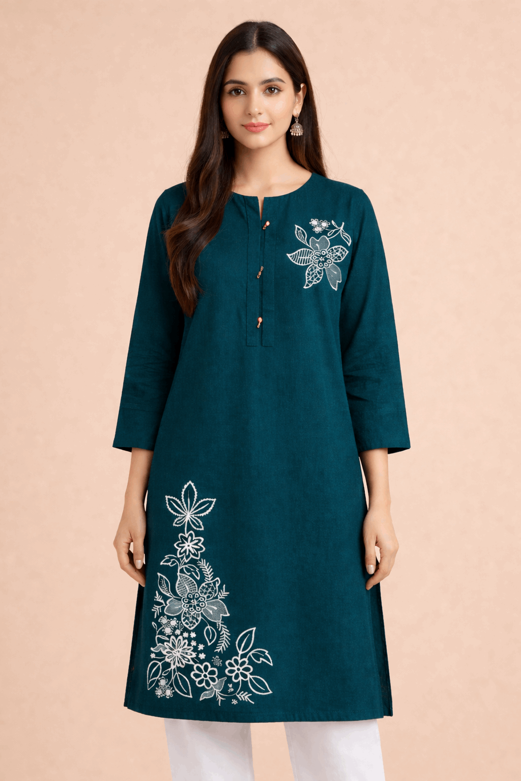 Floral Embroidered Teal Cotton Kurta